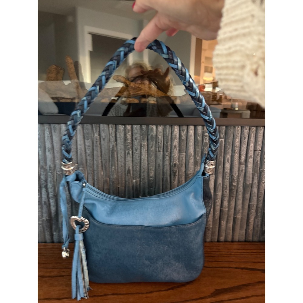 Brighton Barbados Blue Pebbled Leather Hobo Bag Braided Strap Heart Tassel